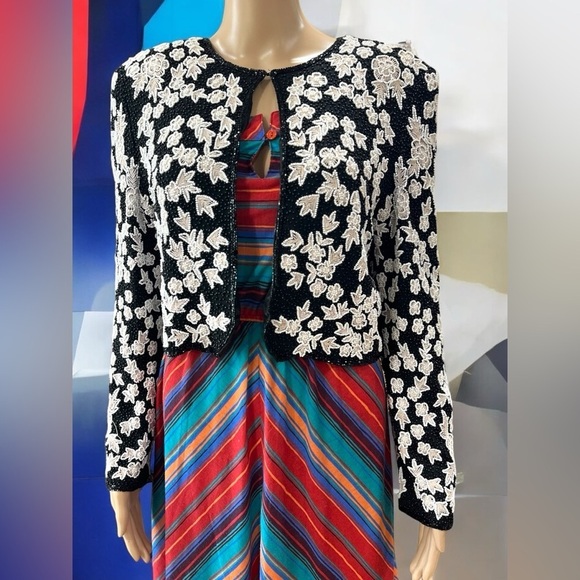 Vintage Sequined black white embroidered Silk cropped Niteline Jacket Blazer-M - Picture 1 of 11